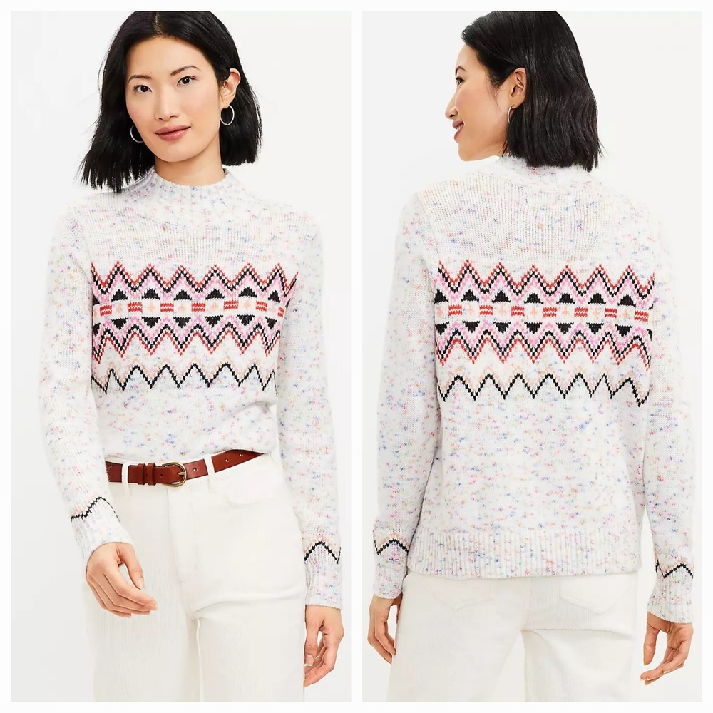 LOFT Sweater Womens Size XL‎ Flecked Fair Isle Mock Neck Pullover Soft